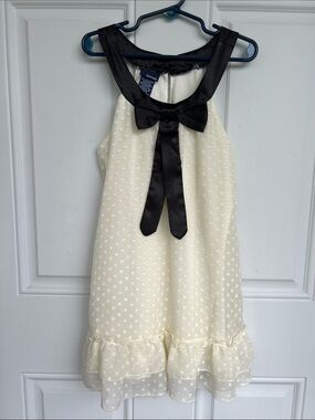 Basic Editions Ivory Swiss Dot Dress with Black Satin Bow
